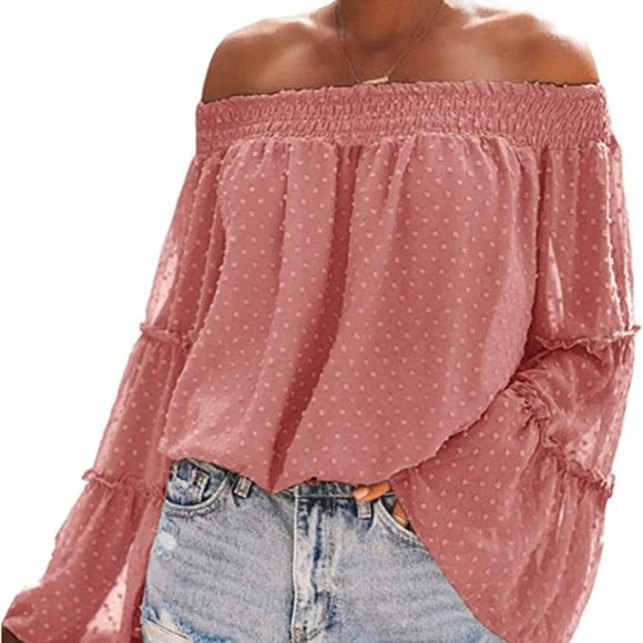 Deep Pink Chenille Dot Flared Sleeve Off the Shoulder Blouse Women's Sz Small - Picture 1 of 9